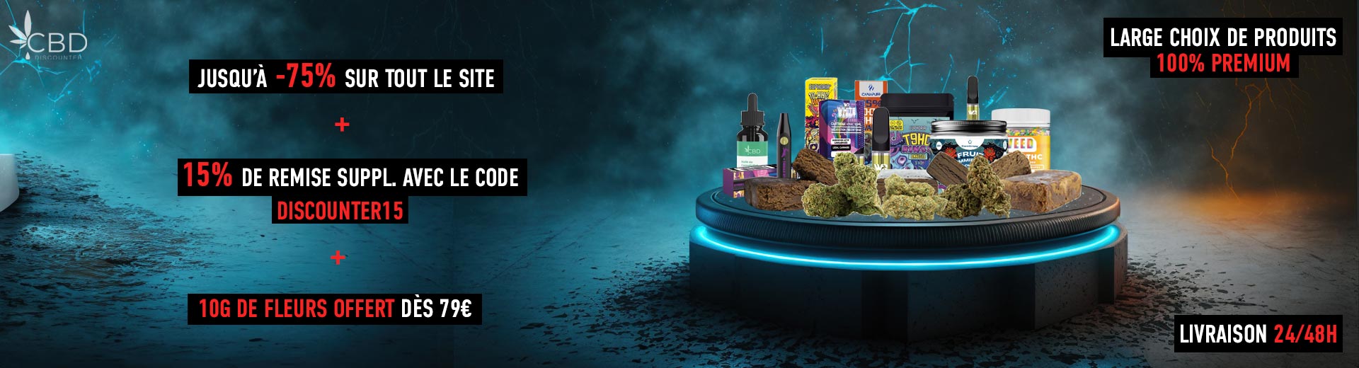 Visuel de CBD pas cher avec flacons d&#039;huiles et fleur de CBD - CBD Discounter