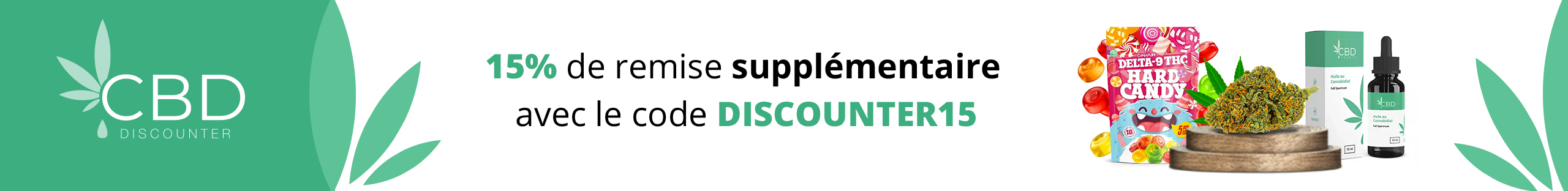 Visuel de CBD pas cher avec flacons d'huiles et fleur de CBD - CBD Discounter