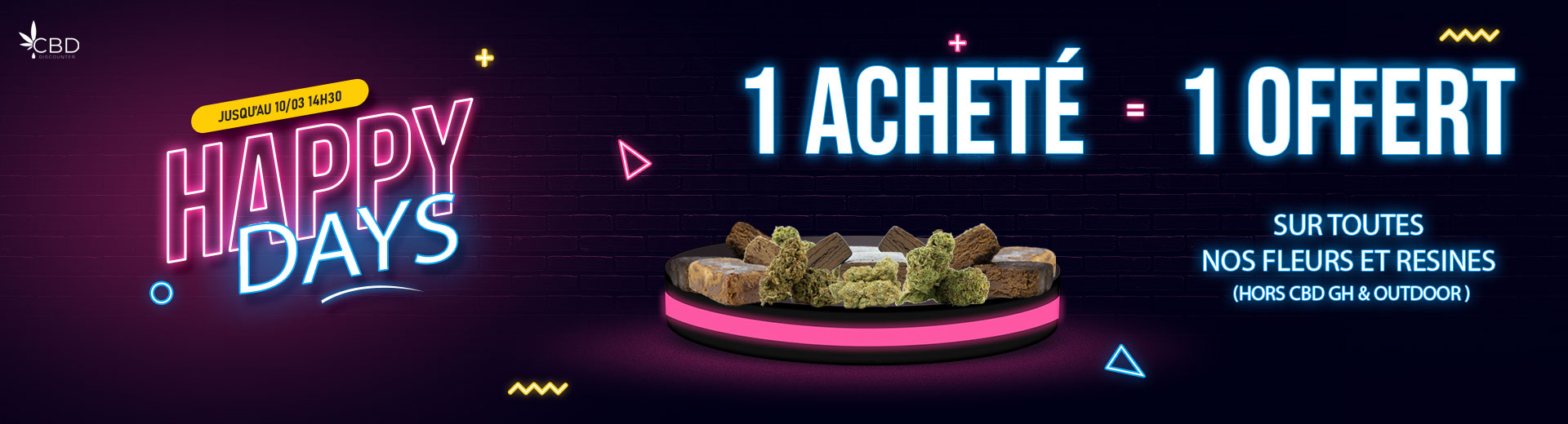 Visuel de CBD pas cher avec flacons d'huiles et fleur de CBD - CBD Discounter