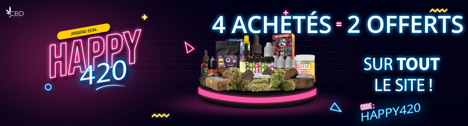 Visuel de CBD pas cher avec flacons d'huiles et fleur de CBD - CBD Discounter