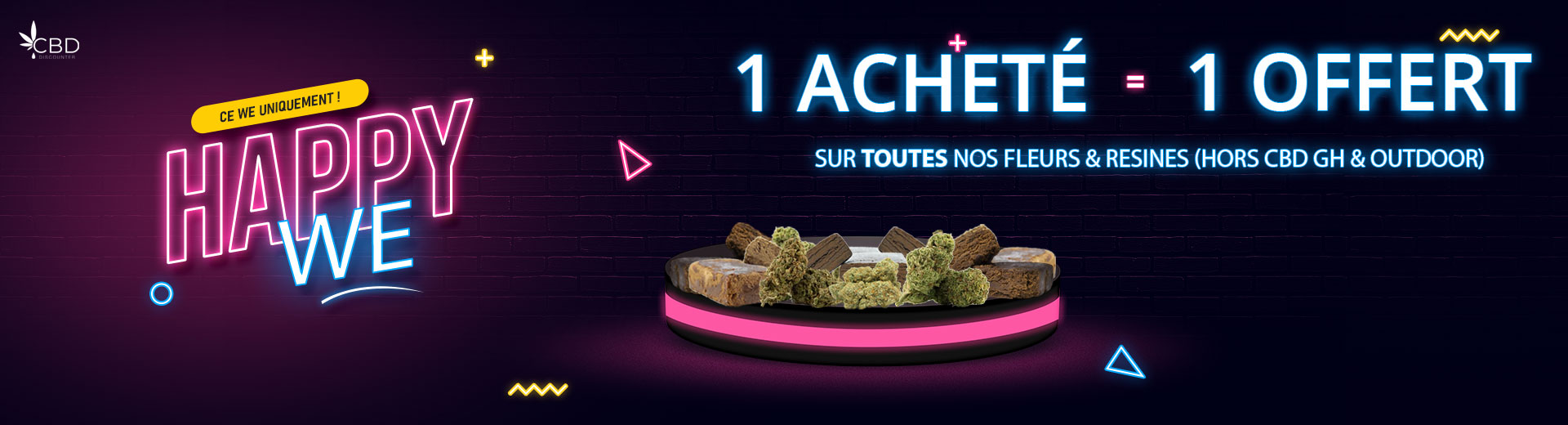 Visuel de CBD pas cher avec flacons d'huiles et fleur de CBD - CBD Discounter