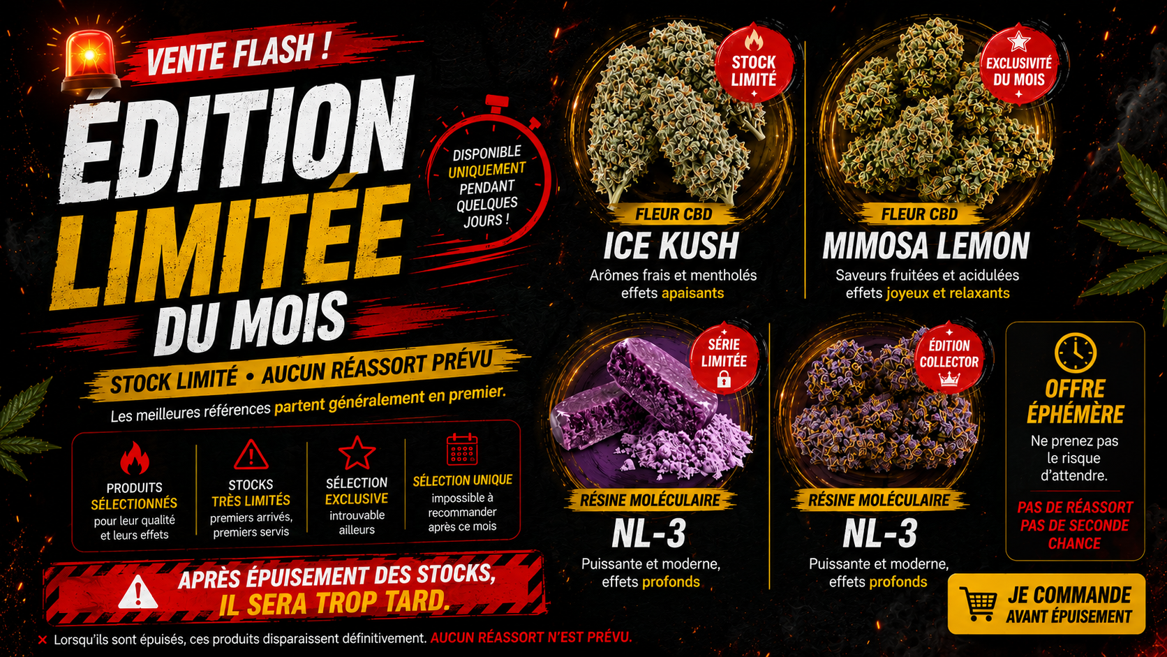 Visuel de CBD pas cher avec flacons d'huiles et fleur de CBD - CBD Discounter