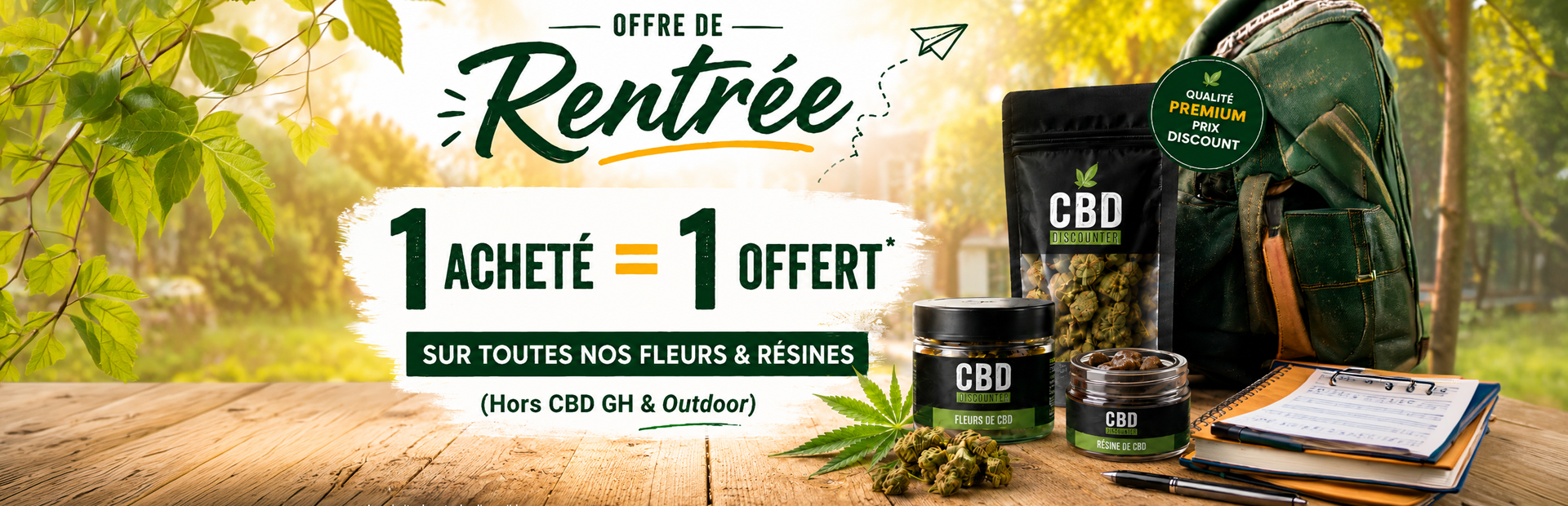 Visuel de CBD pas cher avec flacons d'huiles et fleur de CBD - CBD Discounter